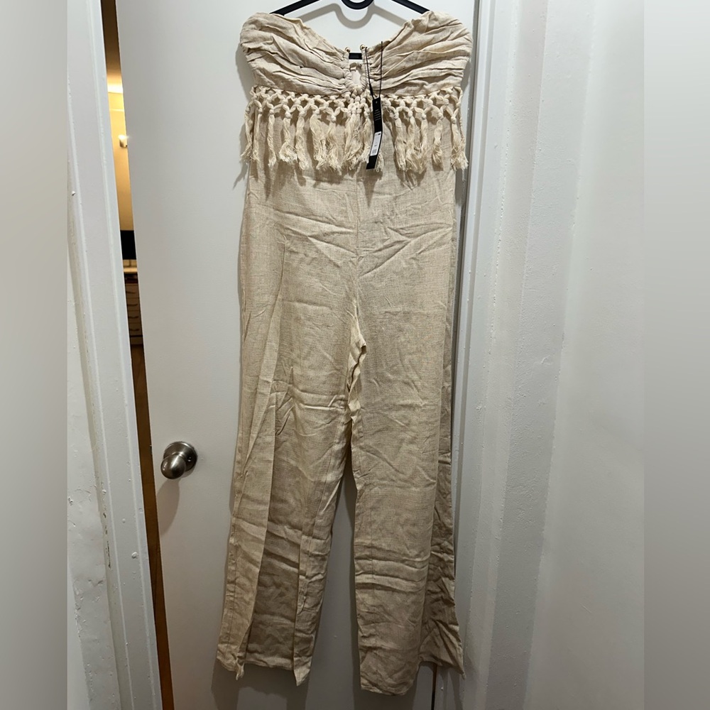 Fashion Nova Strapless Tassel-Trim Beige Jumpsuit